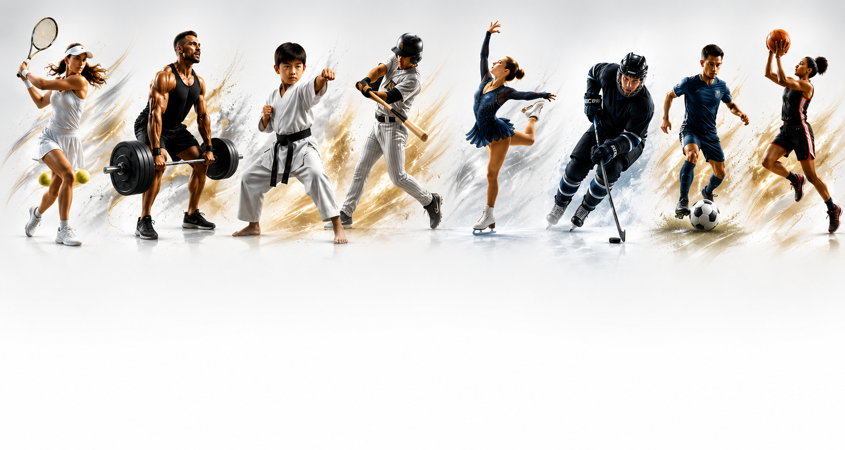 Elite athletes across tennis, weightlifting, martial arts, baseball, figure skating, hockey, soccer, and basketball